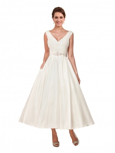 Ivory A-Line V-Neck Ankle Length Wedding Dress York