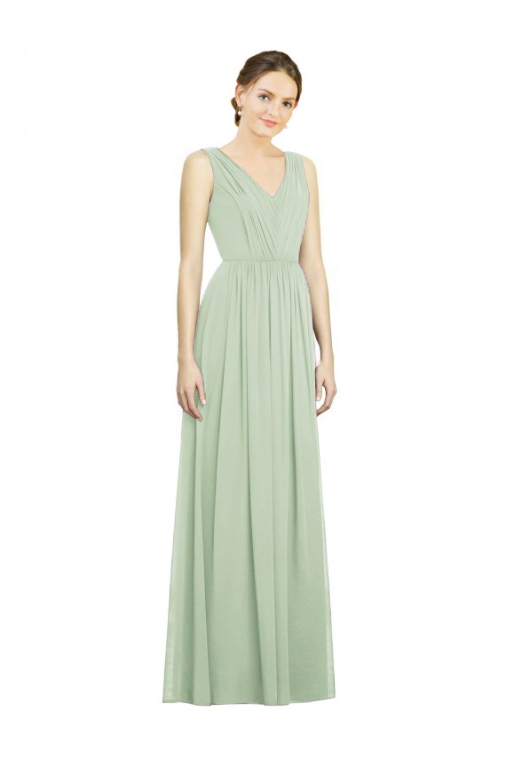 V-Back Sage A-Line V-Neck Long Bridesmaid Dress York