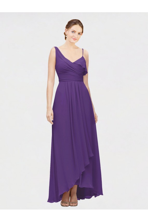 Plum Purple A-Line V-Neck Long High Low Bridesmaid Dress York