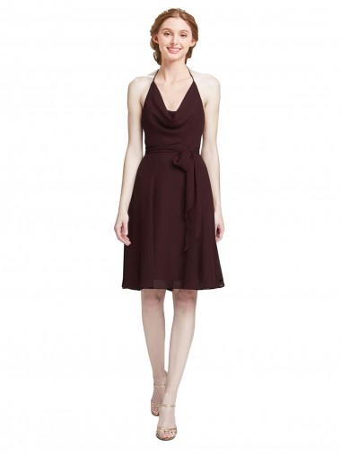 Burgundy Gold A-Line Halter Neck Knee Length Bridesmaid Dress York