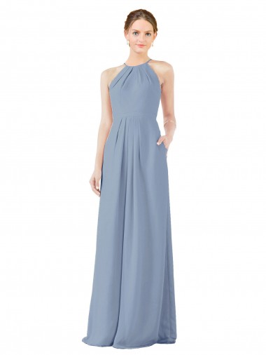Keyhole Back Dusty Blue Sheath High Neck Long Bridesmaid Dress York