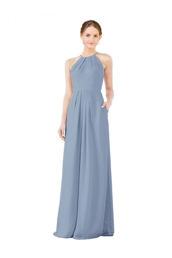 Keyhole Back Dusty Blue Sheath High Neck Long Bridesmaid Dress York