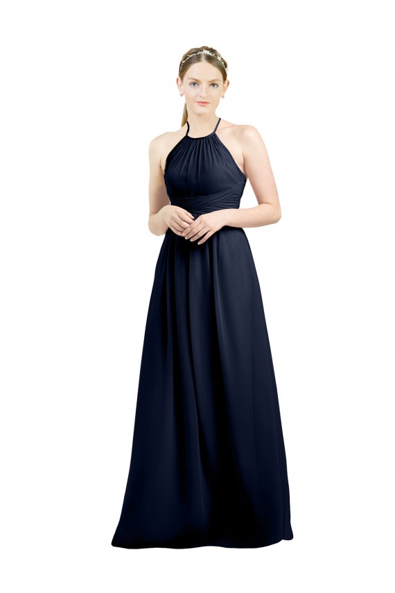 Open Back Dark Navy A-Line High Neck Long Evening Gowns / Bridesmaid Dress York