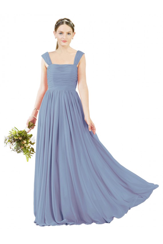Open Back Dusty Blue A-Line Square Neck Long Bridesmaid Dress York