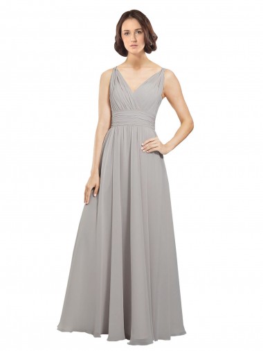 V-Back Oyster Silver A-Line V-Neck Long Bridesmaid Dress York