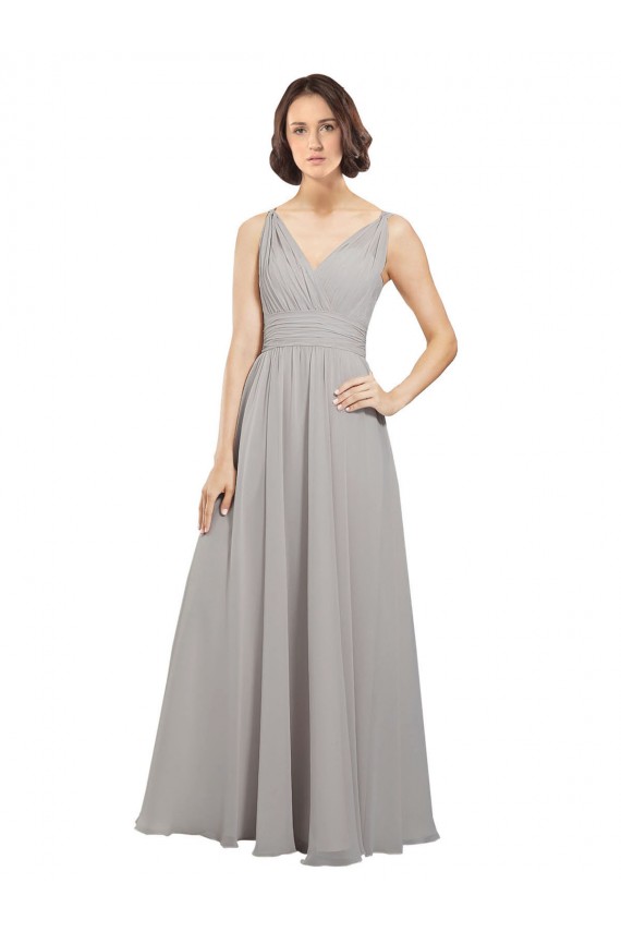 V-Back Oyster Silver A-Line V-Neck Long Bridesmaid Dress York