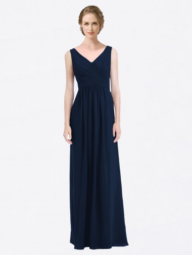 Low Back Dark Navy A-Line V-Neck Long Evening Gowns / Bridesmaid Dress York