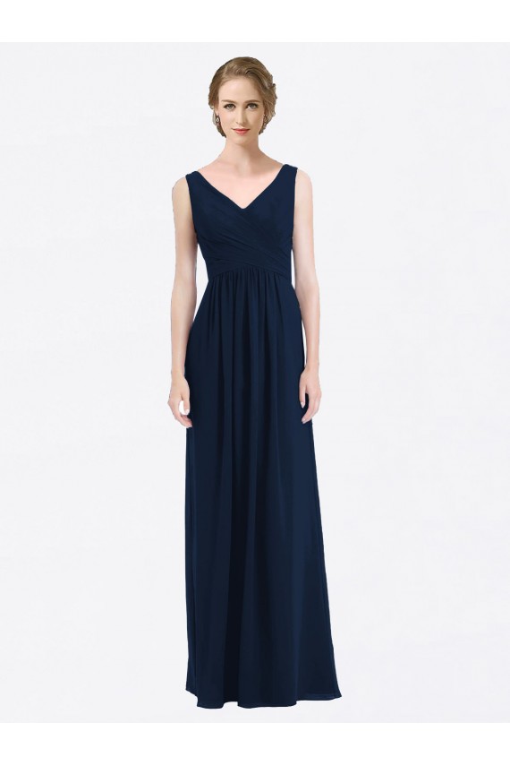 Low Back Dark Navy A-Line V-Neck Long Evening Gowns / Bridesmaid Dress York