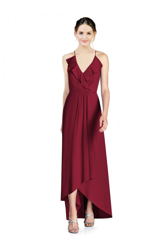 Open Back Burgundy A-Line V-Neck Long High Low Bridesmaid Dress York