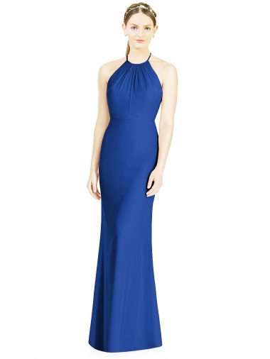 Open Back Royal Blue Trumpet High Neck Long Bridesmaid Dress York