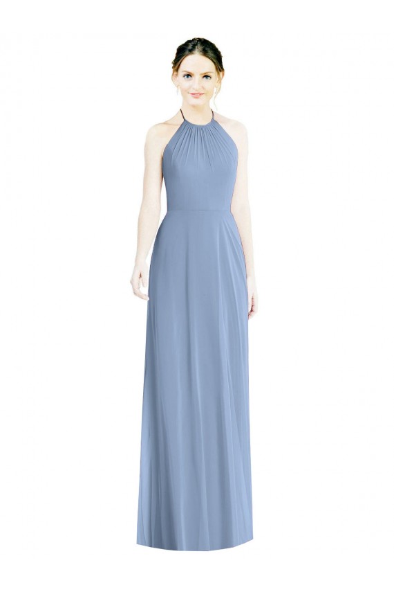 Low Back Dusty Blue A-Line Halter Neck Long Floor Length Bridesmaid Dress York