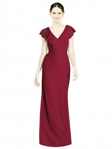 V-Back Burgundy Trumpet V-Neck Long Bridesmaid Dress York