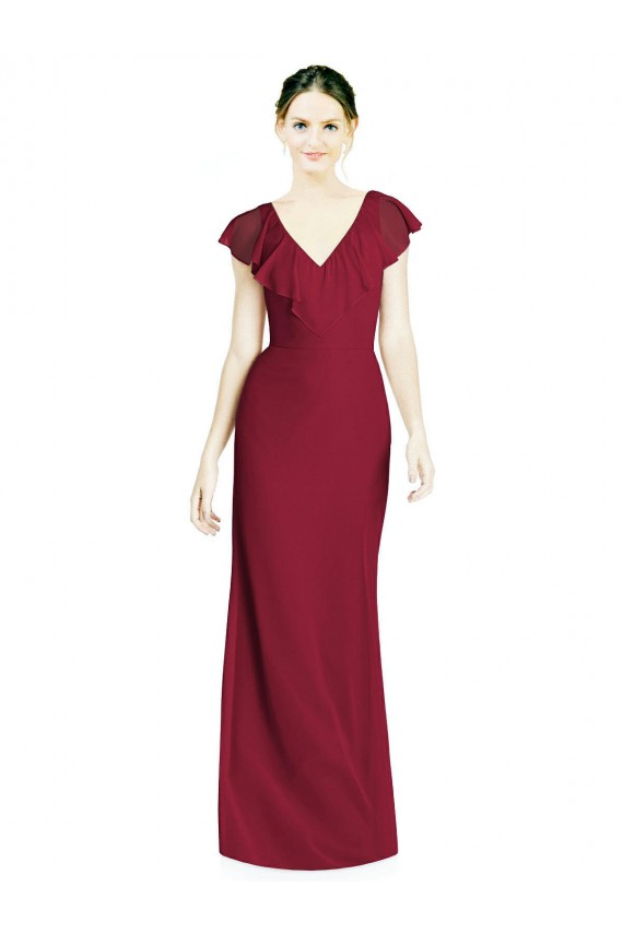 V-Back Burgundy Trumpet V-Neck Long Bridesmaid Dress York