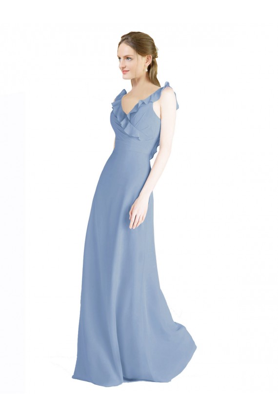 Open Back Dusty Blue A-Line V-Neck Long Floor Length Bridesmaid Dress York