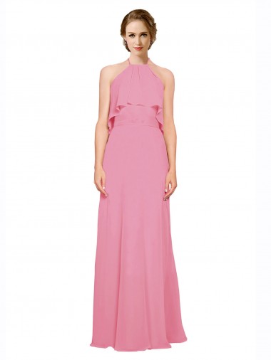 Low Back Skin Pink A-Line High Neck Long Bridesmaid Dress York