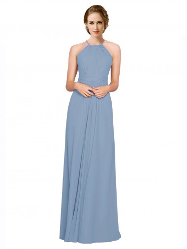 Open Back Dusty Blue A-Line High Neck Long Bridesmaid Dress / Evening Dress York