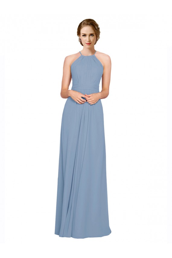Open Back Dusty Blue A-Line High Neck Long Bridesmaid Dress / Evening Dress York