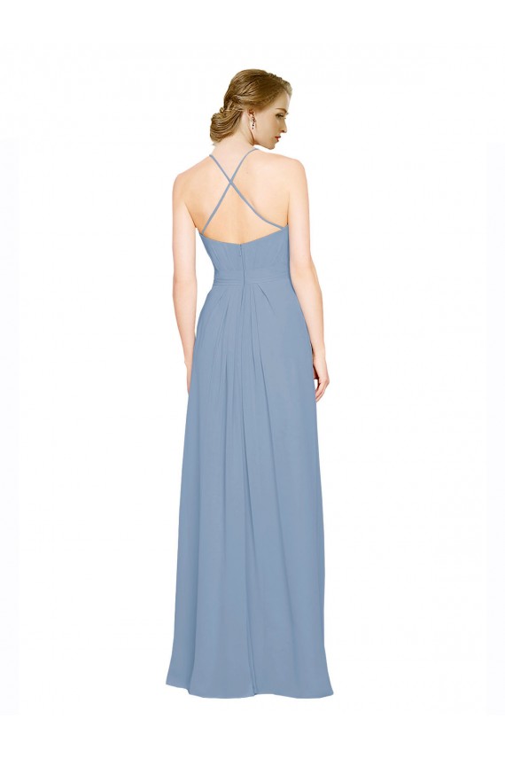 Open Back Dusty Blue A-Line High Neck Long Bridesmaid Dress / Evening Dress York