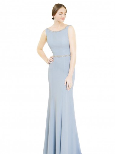 Low Back Light Sky Blue A-Line High Neck Long Bridesmaid Dress York