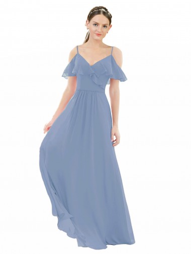Dusty Blue A-Line V-Neck Long Bridesmaid Dress York