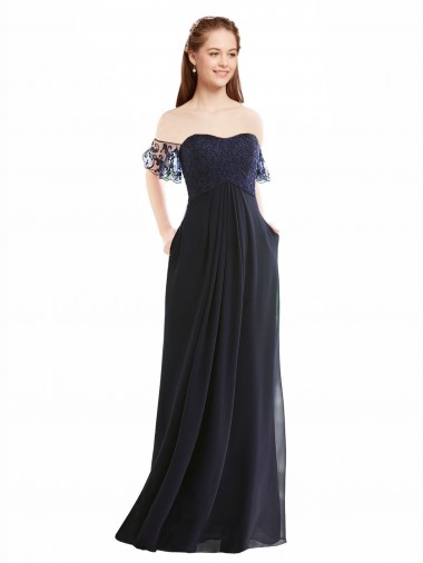 Dark Navy A-Line V-Neck Cap Sleeves Long Formal Dress / Bridesmaid Dress York