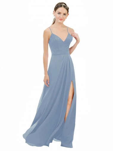 Keyhole Back Dusty Blue A-Line V-Neck Long Bridesmaid Dress York