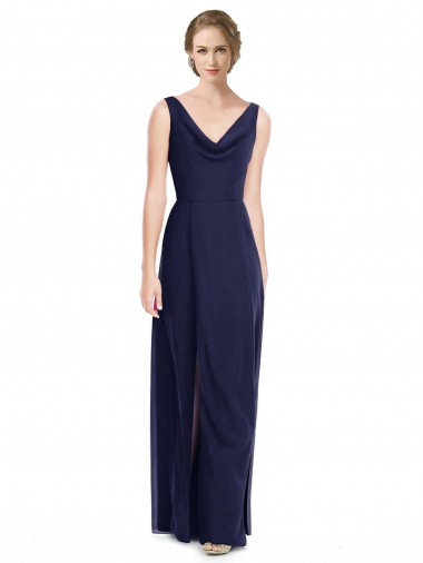 V-Back Dark Navy A-Line Cowl Neck Long Bridesmaid Dress York