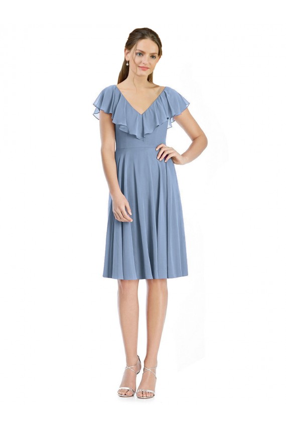 V-Back Dusty Blue A-Line V-Neck Cocktail Length Bridesmaid Dress York