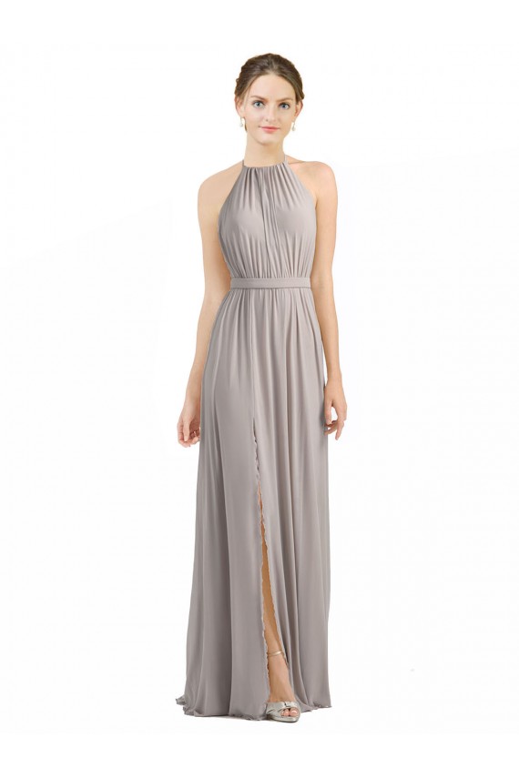 Low Back Oyster Silver A-Line Halter Neck Long Bridesmaid Dress York