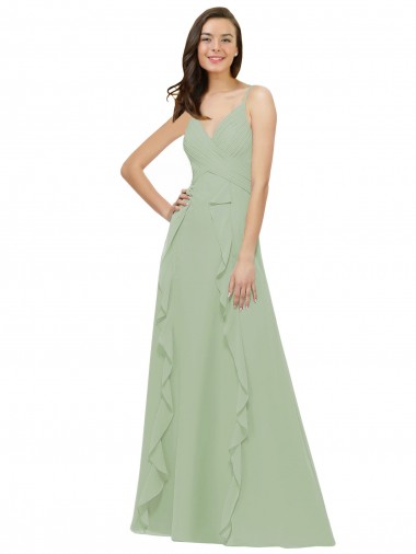 Smoke Green A-Line V-Neck Long Bridesmaid Dress York