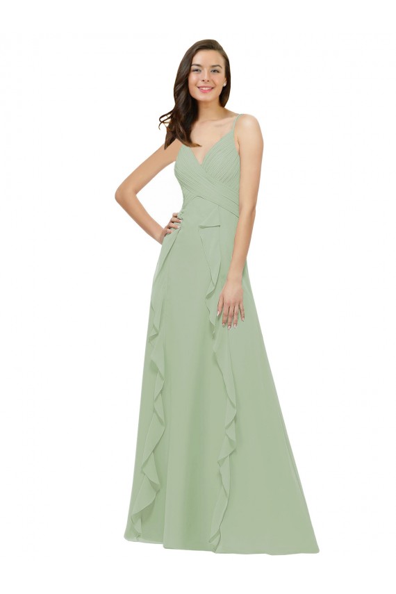 Smoke Green A-Line V-Neck Long Bridesmaid Dress York