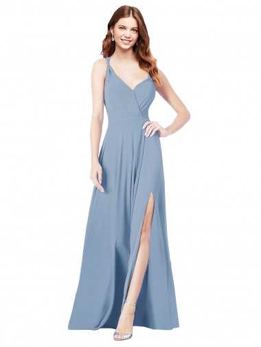 Keyhole Back Dusty Blue A-Line V-Neck Long Formal Dress / Bridesmaid Dress York
