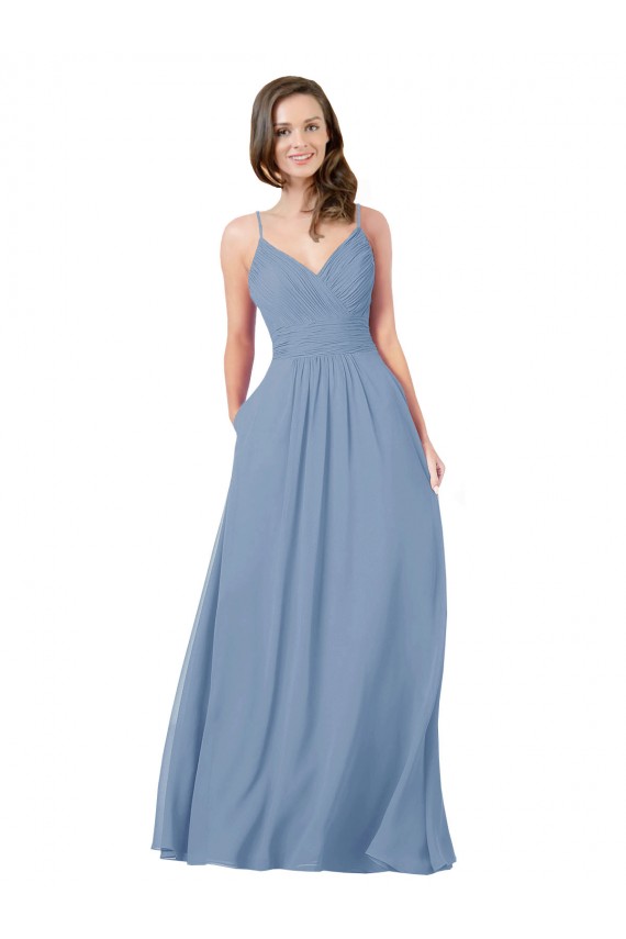 Open Back Dusty Blue A-Line V-Neck Long Bridesmaid Dress / Evening Dress York