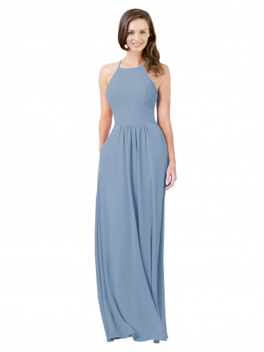 Keyhole Back Dusty Blue A-Line Halter Neck Long Bridesmaid Gowns York