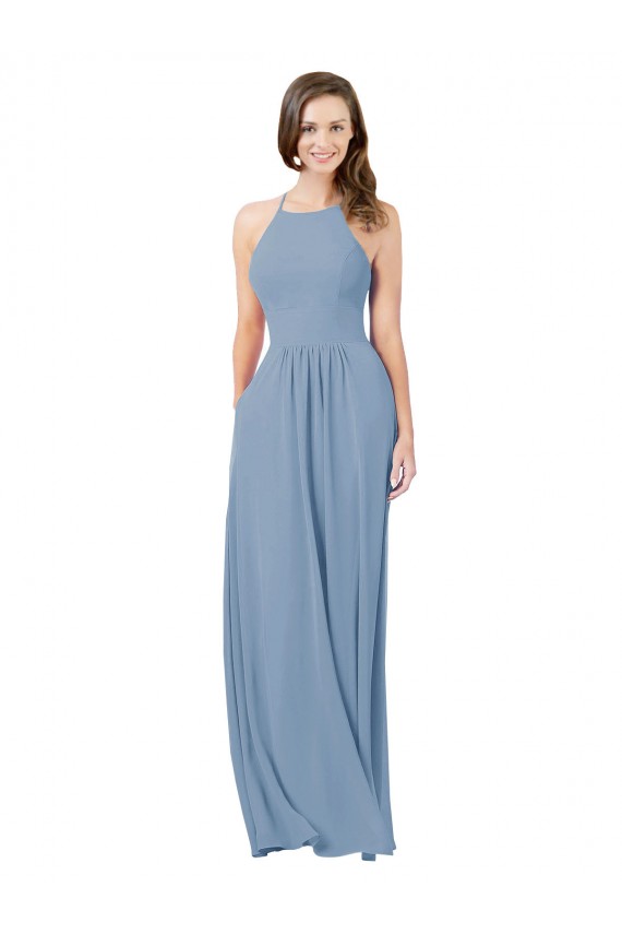 Keyhole Back Dusty Blue A-Line Halter Neck Long Bridesmaid Gowns York