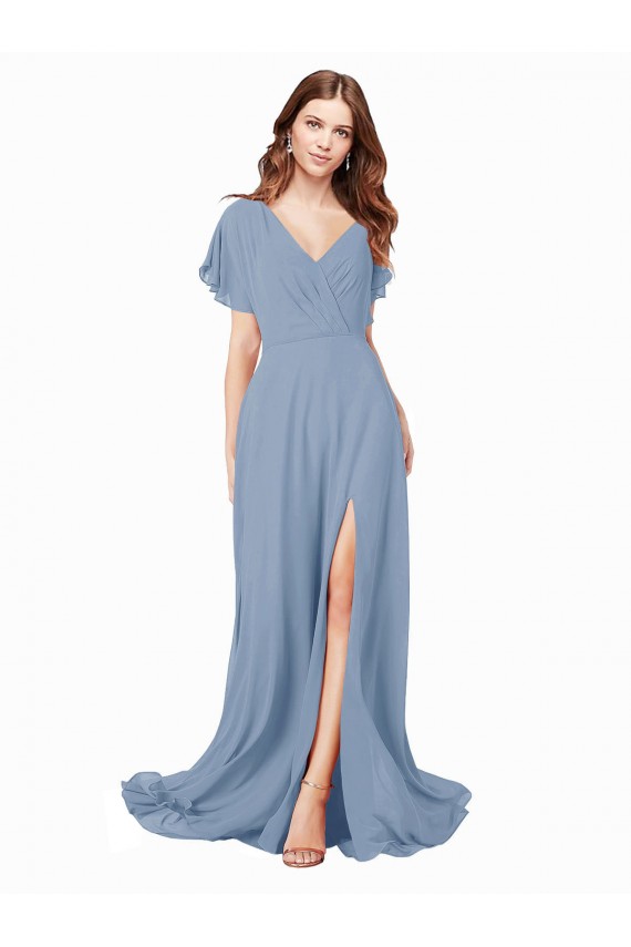 Dusty Blue A-Line V-Neck Long Black Tie Prom Dress / Bridesmaid Dress York