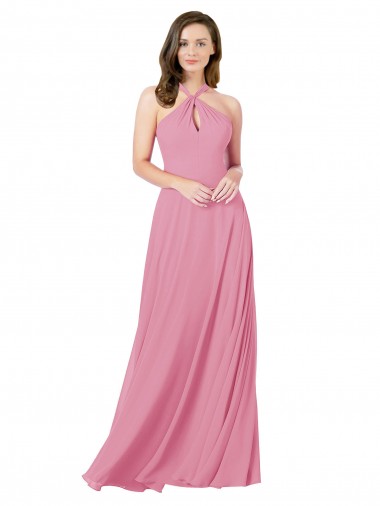 Keyhole Back Skin Pink A-Line Halter Neck Long Prom Dress / Bridesmaid Dress York