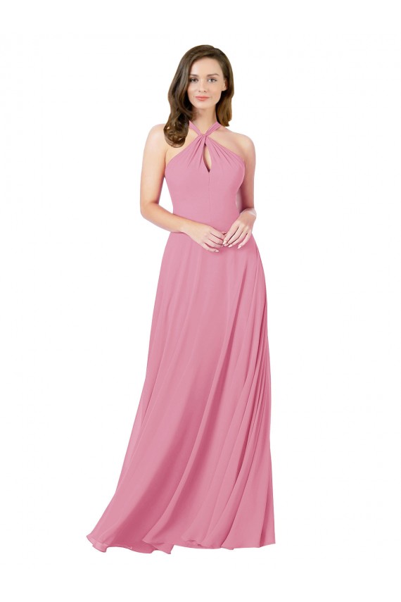Keyhole Back Skin Pink A-Line Halter Neck Long Prom Dress / Bridesmaid Dress York