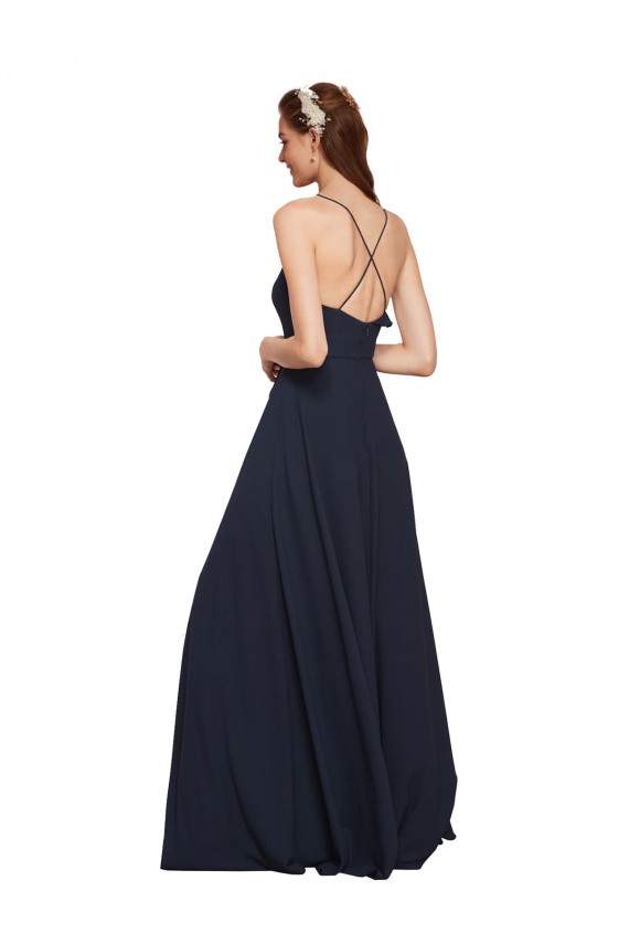 Open Back Dark Navy A-Line V-Neck Long Bridesmaid Dresses York
