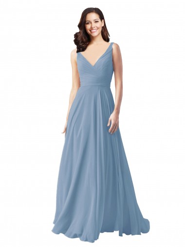 Dusty Blue A-Line V-Neck Long Wedding Party Dress York