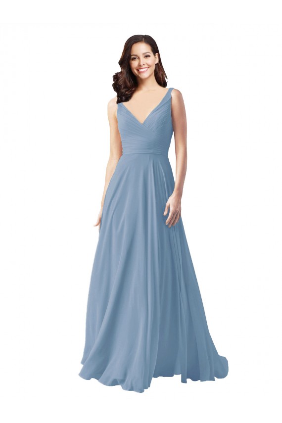 Dusty Blue A-Line V-Neck Long Wedding Party Dress York