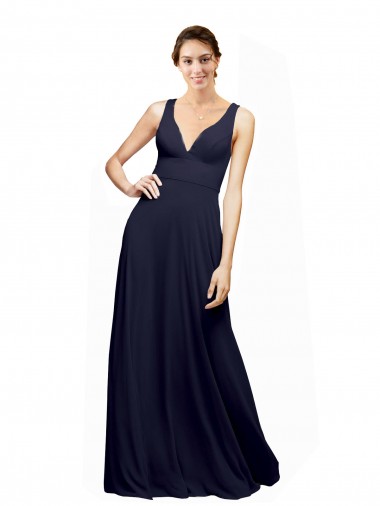 Open Back Dark Navy A-Line V-Neck Long Wedding Guest Dress York