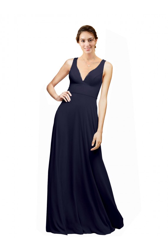 Open Back Dark Navy A-Line V-Neck Long Wedding Guest Dress York