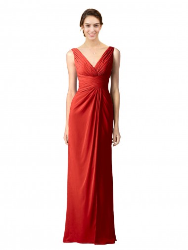 V-Back Red Sheath V-Neck Long Bridesmaid Dress York