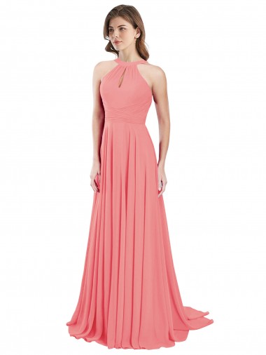 Open Back Watermelon A-Line Halter Neck Long Bridesmaid Dress / Evening Dress York