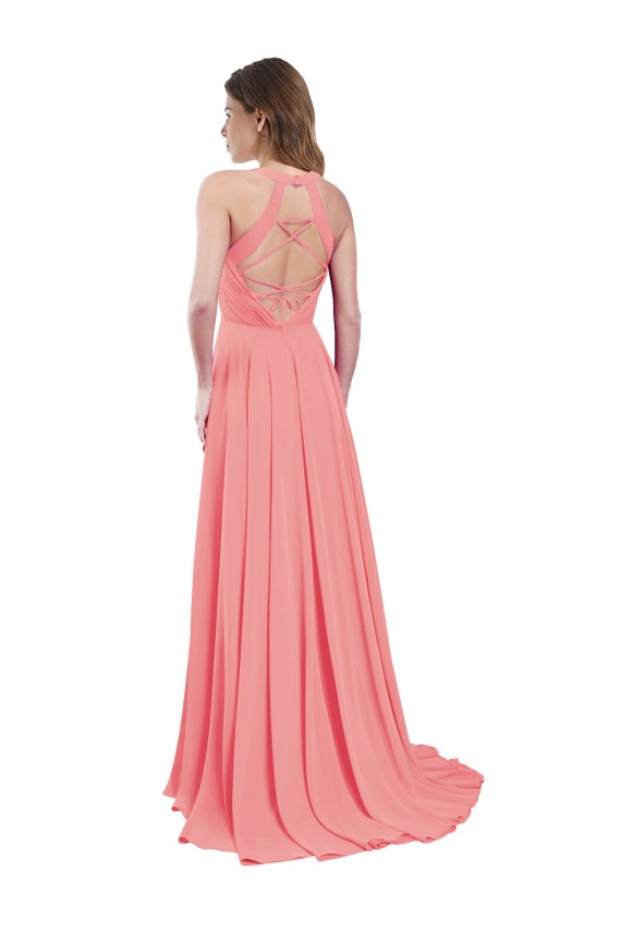 Open Back Watermelon A-Line Halter Neck Long Bridesmaid Dress / Evening Dress York