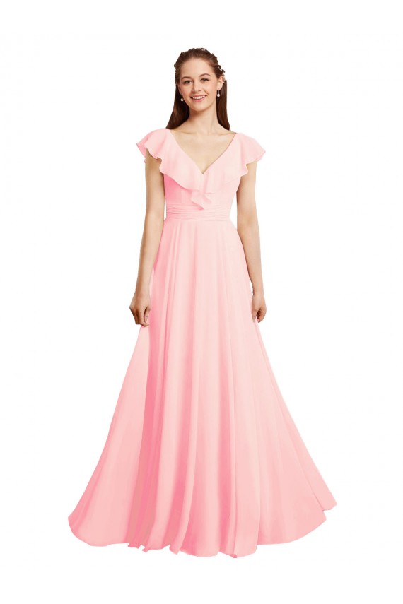 V-Back Pink A-Line V-Neck Long Bridesmaid Dress / Evening Gowns York