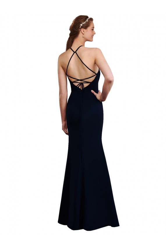 Open Back Dark Navy Mermaid Halter Neck Long Bridesmaid Dress York