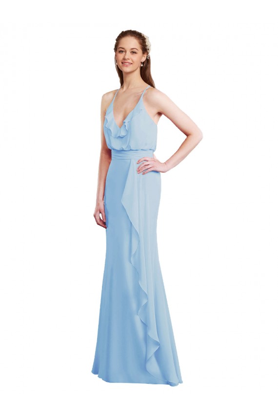 Open Back Light Sky Blue Mermaid V-Neck Long Bridesmaid Dress York