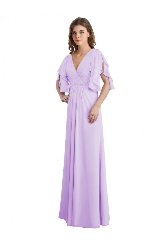 V-Back Lilac A-Line V-Neck Split Sleeves Long Bridesmaid Dress York